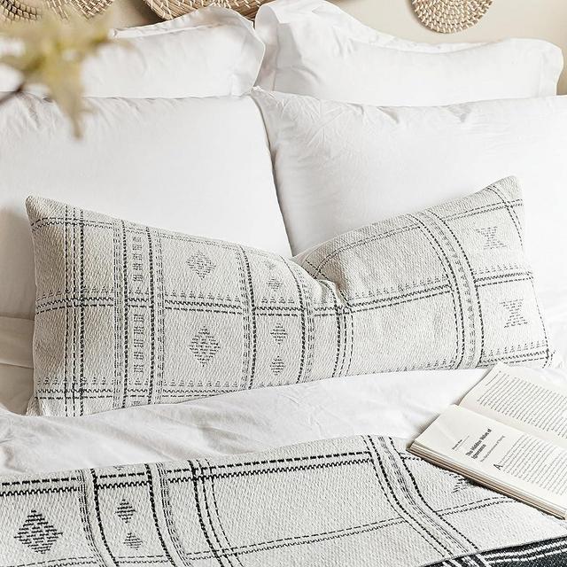 BlissBlush Boho Lumbar Throw Pillow Cover 14X36, Decorative Long Accent Body Lumbar Pillow for Bed, Farmhouse Woven Textured Lumbar Pillowcase for Couch, Off White (Cover ONLY)