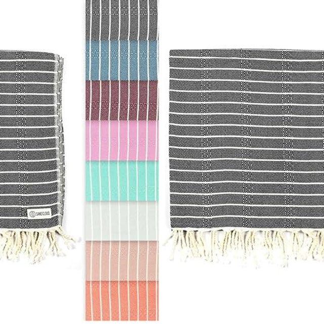 Sand Cloud Turkish Beach Towel - Sand Proof - 100% Certified Organic Turkish Towel - Quick Dry Towel for Beach, Picnic, Blanket or Bath Towel - As Seen on Shark Tank - Gocek (Black) (Pack of 2)
