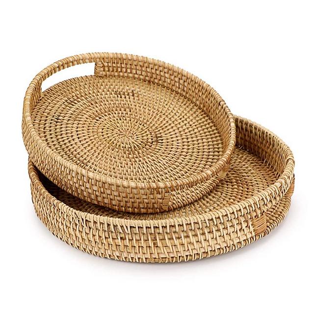 Hipiwe Rattan Serving Tray with Handles Handmade Woven Basket Tray Home Decorative Organizer Tray, Breakfast, Tea, Snack , Fruit, Coffee Storage Tray, Set of 2 (Round)