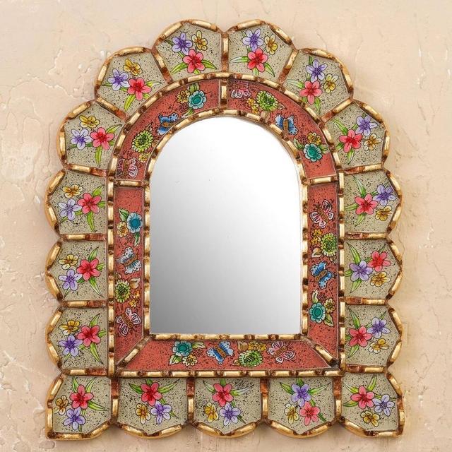 Reverse-Painted Glass Wood Wall Mirror with Floral Motifs, 'Sweet Arrangement'