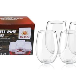 Deluxe 4-Pcs Set Of 16 Oz. Tritan Stemless Unbreakable Wine Glasses By MARASY , Crystal Clear Shatterproof Drinking Cups , BPA, EA-Free - Dishwasher Safe , Ideal For Parties, BBQs - Camping