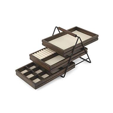 Umbra Terrace Jewelry Tray – Three-Tier Jewelry Tray With Three Sliding Linen Lined Wood Trays With Metal Frame and Handle, Easy Storage and Access, Black/Walnut Finish