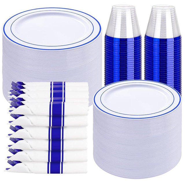 WELLIFE 350 Pcs Blue Plastic Plates for 50 Guests - Disposable Dinnerware Set,Party Supplies Includes 100 Blue Party Plates,150 Plastic Silverware,50 Napkins,50 Cups