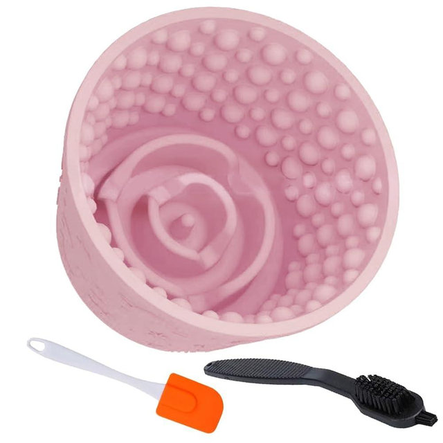Dog Lick Bowl with Brush and Scraper, Anxiety Relief Silicone Slow Feeder Treat Dispenser, Anti-chocking Pet Dish, Non-Slip Interactive Entertainment Dog Puzzle Toy for Medium & Large-Pink