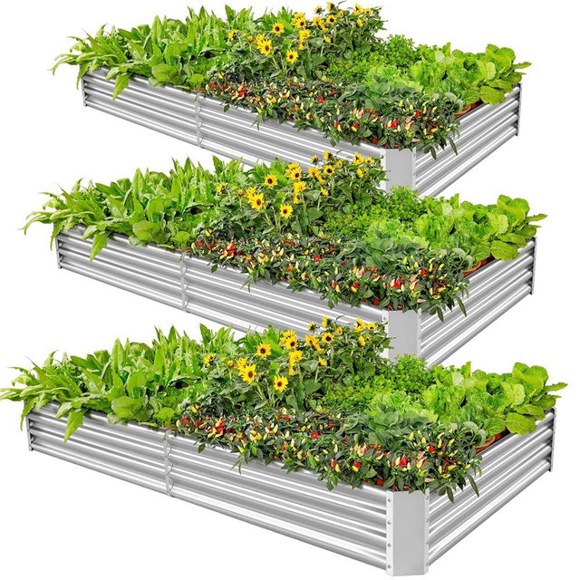 Land Guard 3 Pack 8×4×1ft Galvanized Metal Raised Garden Bed, Metal Planter Kit Box Outdoor for Deep-Rooted Vegetables, Flowers, Green and Herbs, Silver