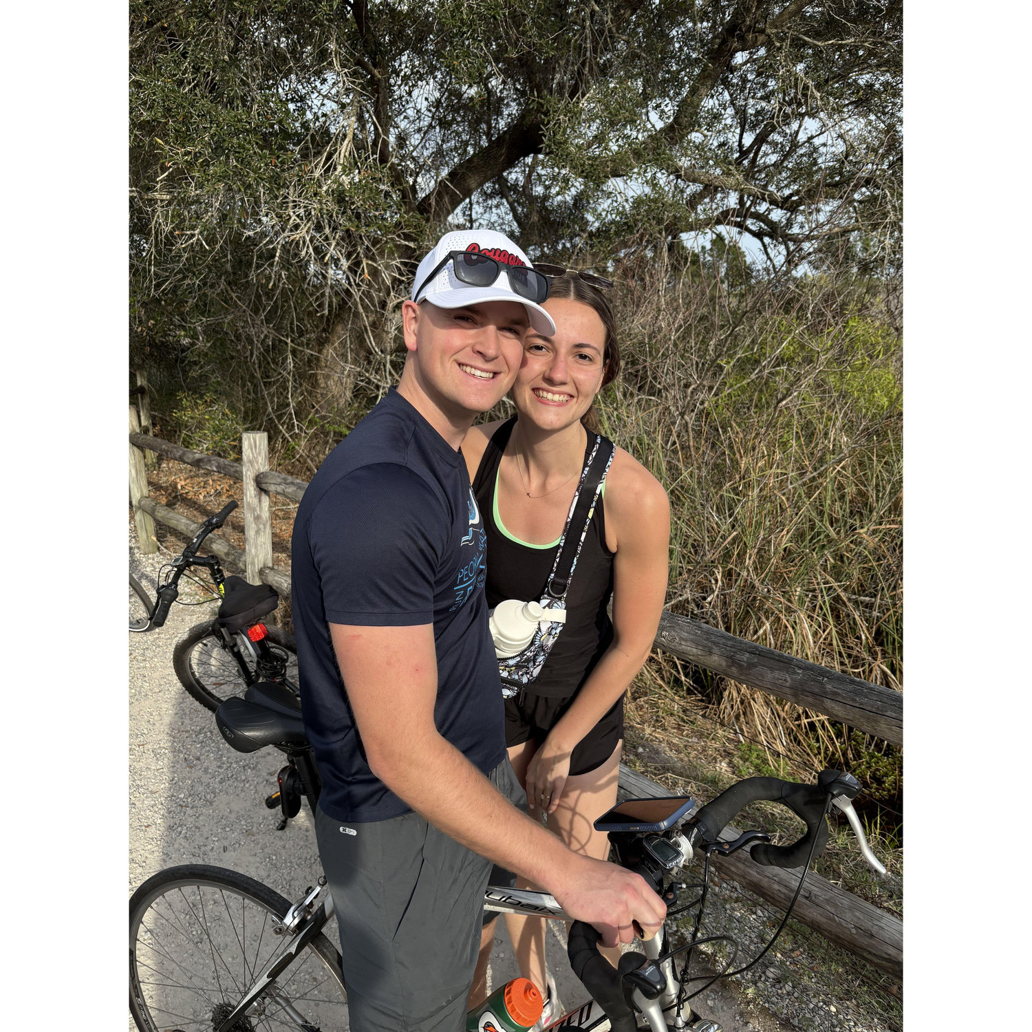 We love to do anything outdoors! Bike riding, hiking, running (well Luke runs and Megan rides her bike...). This was us bike riding in Gulf Shores AL!