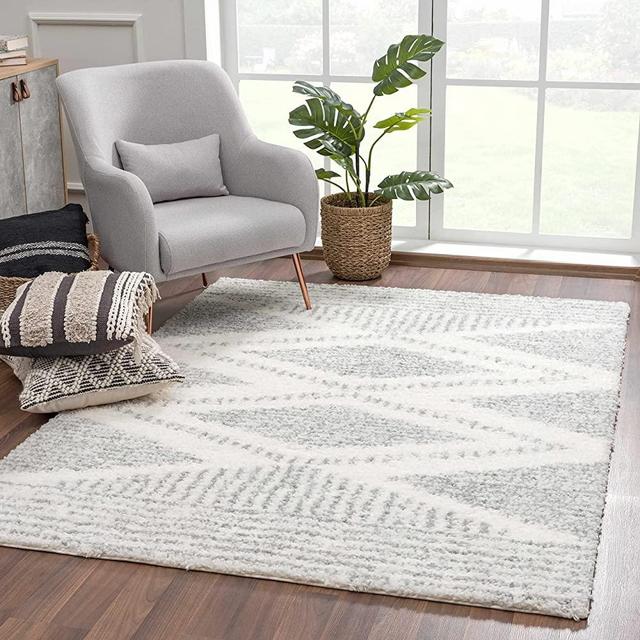 Lux Shag Collection - Moroccan Farmhouse Living Room Bedroom Shaggy Area Rug - Bohemian Shag Rug - Plush High Pile - Southwestern Boho Soft Carpet - Tribal Aztec - Grey, Off White, Beige - 5'3" x 7'3"