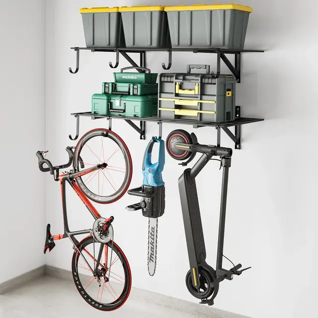 LOVMOR 2 Pack Heavy Duty Garage Wall Shelving,2x4FT Garage Shelves Wall Mounted with 8 Hooks,Total Loads 800lbs