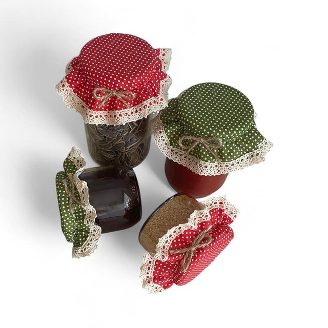 10 Pieces Elastic Jar Cover Cloth - 100% Cotton - Stretchy Colorful (Red and Green) Polka-Dot Pattern - Breathable Fermentation Lid Bowl - Reusable Elastic Cloth Jar Covers