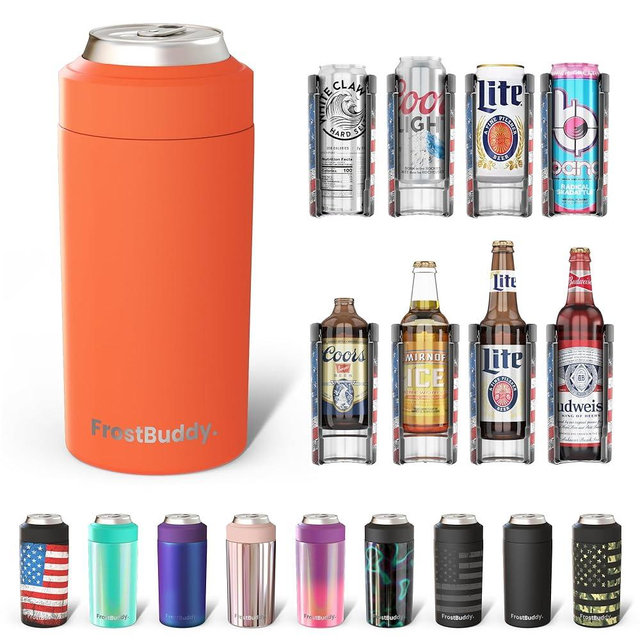 Frost Buddy Universal Buddy Can Cooler - Fits All - For Regular 12 & 16 oz or Slim-Size Bottles - Insulated Double-Walled Stainless Steel (Orange)