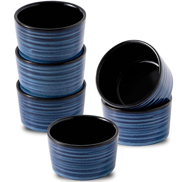 Ramekins 6 oz, Oven Safe Ceramic Souffle Dish Set of 6 for Baking, Porcelain Dipping Sauce Bowls for Creme Brulee, Tikooere Stackable Custard Cups for Pudding, Ice Cream, Lava Cakes, Blue