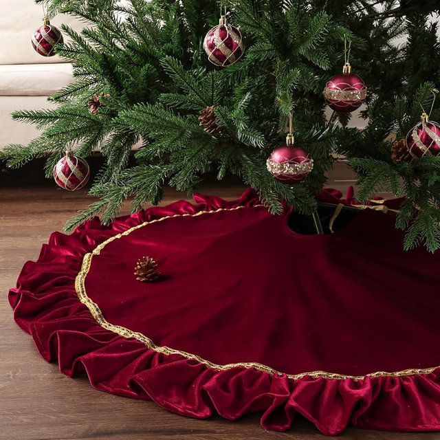 Bunny Chorus Christmas Tree Skirt: 48 Inch Large Luxury Wine Red Velvet Plush Fur Ruffled Christmas Tree Skirts with Gold Trim and Bow, Vintage Royal Decorations for Xmas Home Indoor Decor
