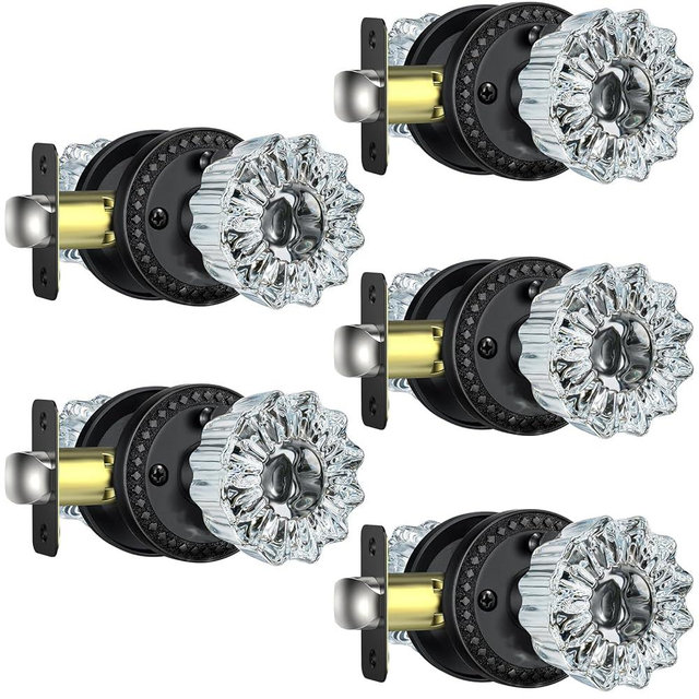Calzibeno Vintage Glass Door Knobs, 5 Pack Black Knobs with Lock for Privacy Use, Crystal Interior for Bathroom Bedroom