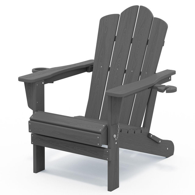 HYLEORY HDPE Folding Adirondack Chair with 2 Cup Holder - Composite Adirondack Chair in Gray