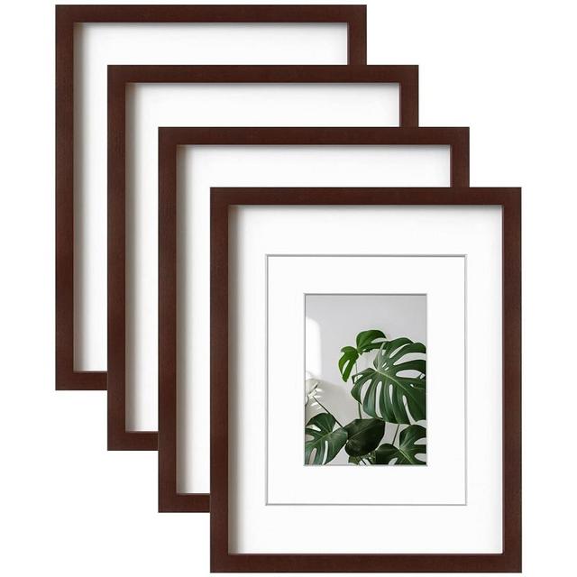 Egofine 11x14 Picture Frames Made of Solid Wood with Plexiglass, Display Pictures 5x7/8x10 with Mat or 11x14 Without Mat Set of 4 for Tabletop and Wall Mounting, Walnut Color