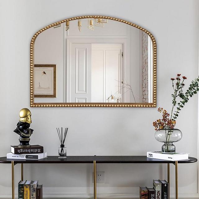 BAODANFU Vanity Mirror for Bedroom, 35" x 28" Large Arch Vintage Gold Wall Mirror, Beaded Frame Decorative Accent Mirrors for Washroom, Living Room, Entryway, Bathroom, Fireplace
