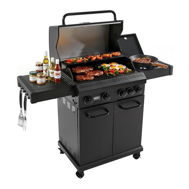 4 Burner Propane Gas Grill with 1 Side Burner, 50,000 BTU Outdoor BBQ Grill, Heavy-Duty Steel Construction, Cast Iron Cooking Grates & Griddle, Backyard Patio Barbecue