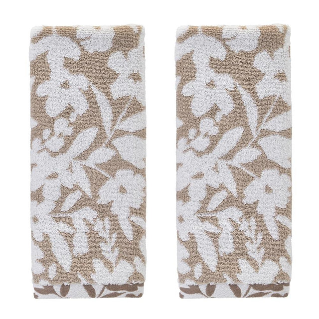 SKL Home Bedford Floral 100% Cotton Premium 2-Piece Hand Towel Set, 600 GSM, Soft & Absorbent, Reversible Jacquard, Decorative for Bath/Kitchen/Bar & Gift, Tan