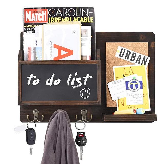 Urban Deco Mail Organizer Wall Mount Mail Sorter with 3 Key Hooks, Chalkboard and Corkboard Rustic Home Deco for Entryway, Dining Room, Office, Brown (Brown)