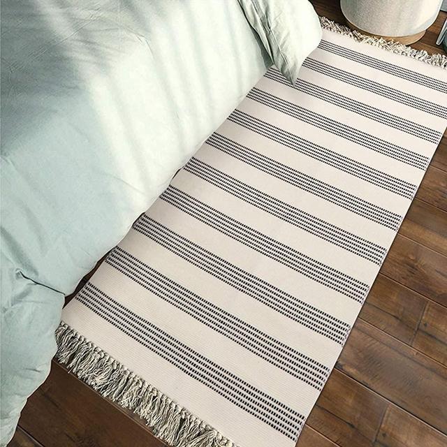 Ailsan Boho Stripe Runner Rug Doormat 2' x 4.3' Farmhouse Cotton Hand Woven Throw Area Rugs with Tassels White Washable Fringe Floor Rug for Bathroom Kitchen Bedroom