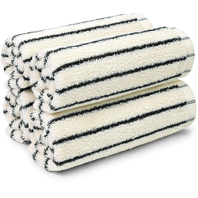 Jacquotha Striped Cotton Washcloths 4 Pack, 13” x 13” - Soft Wash Cloths for Bathroom, Kitchen, Gym, Face, Black and Cream