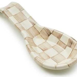 MACKENZIE-CHILDS Enamel Spoon Rest, Kitchen Utensil Rest and Spoon Holder, Kitchen Decor, Brown-and-White Mocha Check