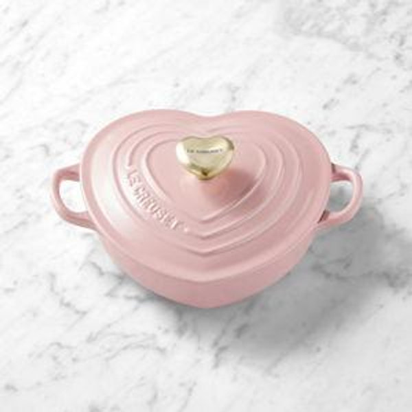 Le Creuset Enameled Cast Iron Traditional Shallow Heart Cocotte, 1.25 Qt, Chiffon Pink Light Gold Heart