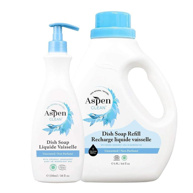 AspenClean Natural Dish Soap and Refill Unscented - 100% Natural, Organic, Baby-Safe, Pet-Friendly, Vegan, Cruelty-Free, Biodegradable - EWG VERIFIED & EcoCert Certified