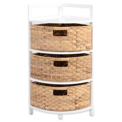 Corner Cabinet with 3 Woven Drawers in White