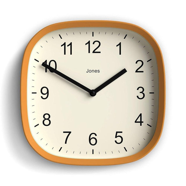 JONES CLOCKS® Sprite Wall Clock | Modern Retro Rounded Square Clock | 10 inch | Mustard Yellow | Easy to Read Numbers | Perfect for Kitchen or Office