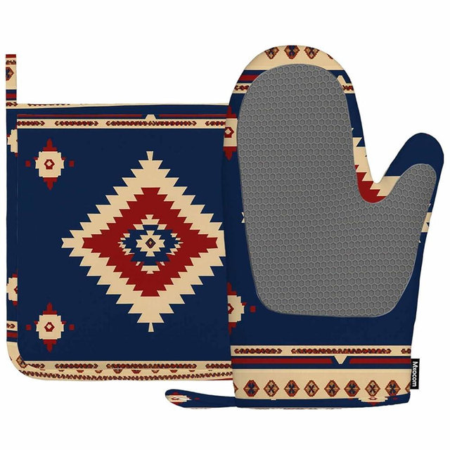 Mxocom Southwest Diamond Blue Red Heat-Resistant Oven Mitts and Pot Holder Indian Style on Blue and Red Background Kitchen Non-Slip Cooking Microwave Gloves for Cooking Baking Grilling