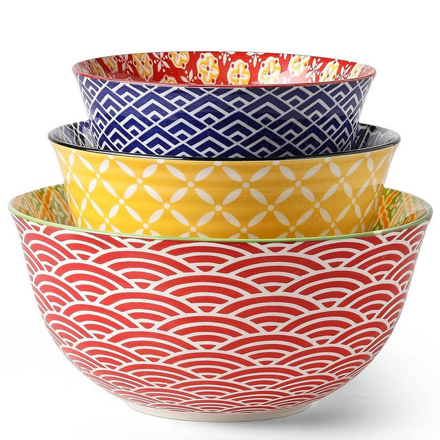Metahom Ceramic Mixing Bowls for Kitchen, Colorful Nesting Bowls, Large Serving Bowls for Prepping, Baking, Mixing, Salad, Microwave Dishwasher Safe, 3.7/2.3/1.4 Qt, Set of 3