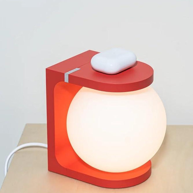 Wireless Charging Table Lamp with Flat Top Surface, Modern Design (Red)