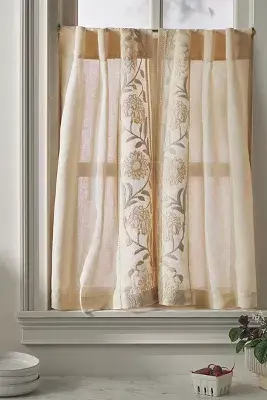 Embroidered Manette Cotton Linen Sheer Cafe Curtains, Set of 2