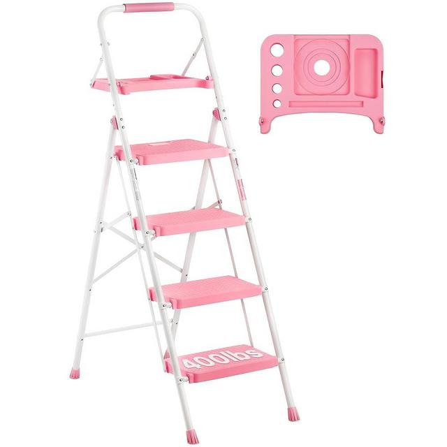 BONTEC 4-Step Ladder, Folding Step Stool with Tool Platform, Wide Anti-Slip Pedals, Max Load Capacity 400lbs Sturdy Steel Ladder, Lightweight Portable Ladder, Tall Step Ladder for House Use, Pink