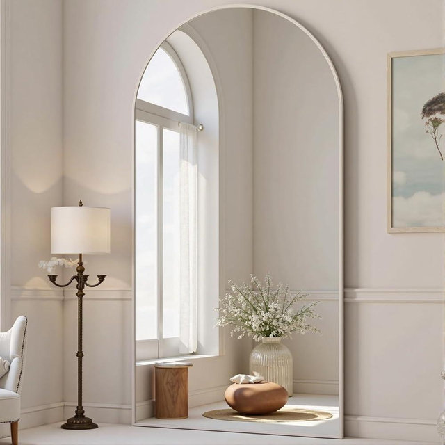 Dewfig Arched White Full Length Mirror,76"X34", Large Floor Mirror with Stand, Full Body Mirror Standing Mirror for Leaning or Hanging Bedroom, Living Room,Dressing Room, Aluminum Alloy Frame, White