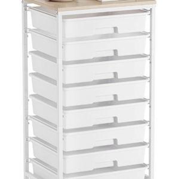Storage Cart with 8 Drawers, Utility Cart with White Drawers and Wooden Tabletop, Craft Cart, Teacher Organization for Classroom,White