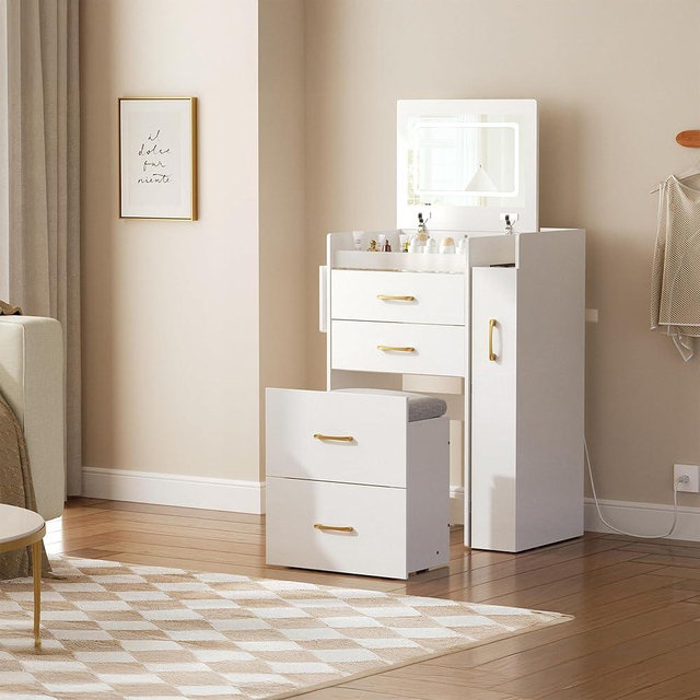 Herture 3 in 1 Vanity Desk with Flip Top Mirror, LED Lights, Side Cabinet,Collapsible Desk Panel, Hidden Stool with Storage, Small Makeup Vanity Table with Power Outlets, Compact Vanity, White PT01DTW