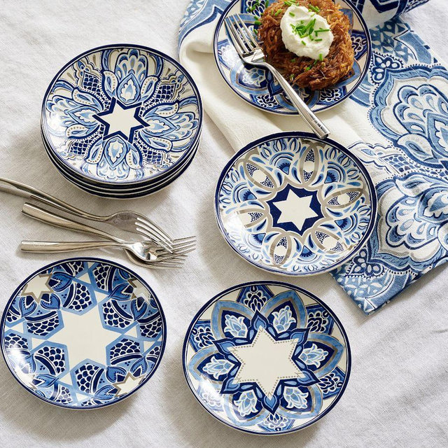 Hanukkah Medallion Stoneware Appetizer Plates - Mixed Set of 8
