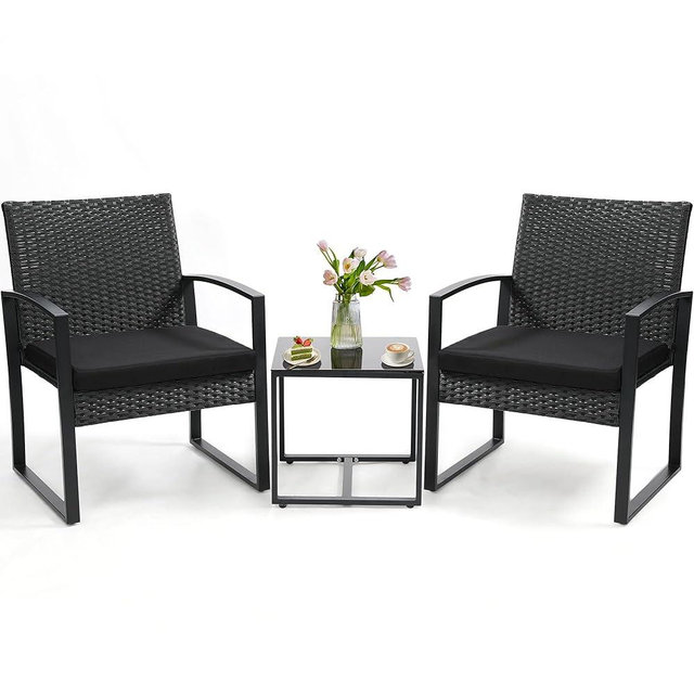 Skandiquip 3 Piece Outdoor Wicker Bistro Set, Rattan Patio Conversation Set with Coffee Table & Washable Cushions for Porch Yard Balcony, Black/Black