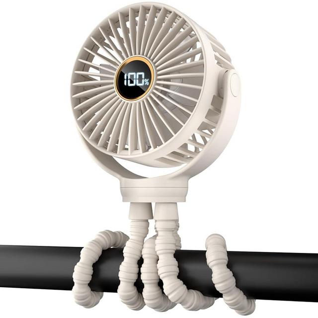 Portable Stroller Mini Fan, Small Rechargeable Personal Cooler w/ 360° Rotation, 3-Speed, Display, Battery Powered Stroller Accessories, Baby Essentials for Car Seat, Crib, Bike, Treadmill, Beige