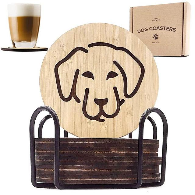 Set of 6 Bamboo Coasters with Holder - Absorbent Coasters for Hot & Cold Drinks - Durable, Washable - Funny Coaster Set for Coffee Table - U.S. Company (Labrador)
