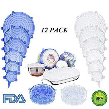 Silicone Stretch Food Covers Lids - Various Sizes Reusable Durable and Expandable Containers Preservative Wrappers for Fruits & Vegetables or Cups, Bowls, Mugs, Dishes and Cans (BLUE+WHITE)