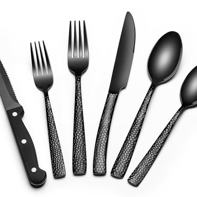 Black Hammered Silverware Set with Steak Knives, 24-Piece Stainless Steel Wave Flatware Set for 4, Food-Grade Tableware Cutlery Set, Utensil Sets for Home Restaurant, Mirror Finish, Dishwasher Safe