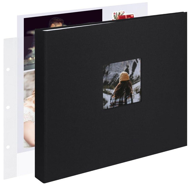 12x12 Inch Large 3 Ring DIY Scrapbook Photo Album Journal with 30 Plastic Sleeves 60 Pages and Fabric Cover for Baby Travel Wedding Anniversary kids Adventure (Black Cover/White Pages)