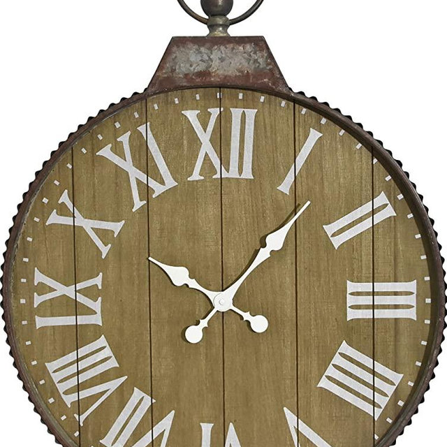 Oldtown 29" x 24" Hanging Ring Farmhouse Vintage Corrugated Zinc Metal & Wood Noiseless Rustic Wall Clock (Wood-Zinc, 24-inch)