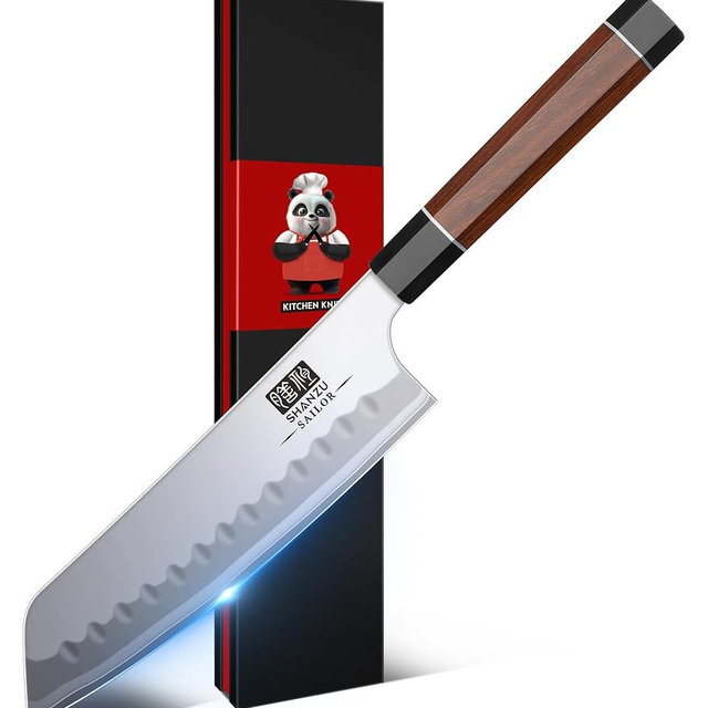 SHAN ZU 7 Inch Japanese Chef Knife, 9 Layers 10Cr15MoV High Carbon Steel Professional Kitchen Knife, Sharp Cooking Knife with Ergonomic Red Sandalwood Handle, Meat Cutting Santoku Knife