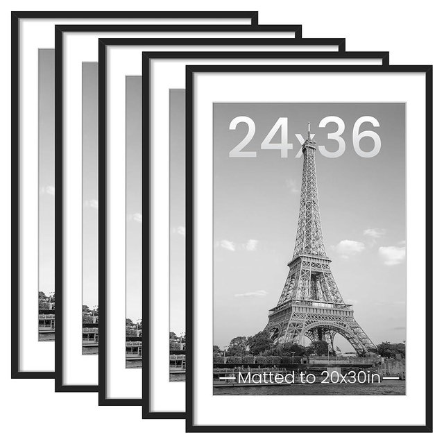 upsimples 24x36 Picture Frame Set of 5, Display Pictures 24x36 with Mat or 20x30 Without, Wall Gallery Photo Frames, Black