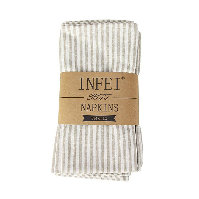 INFEI Soft Plain Striped Linen Cotton Dinner Cloth Napkins - Set of 12 (17 x 17 inches) - for Events & Home Use (Beige)