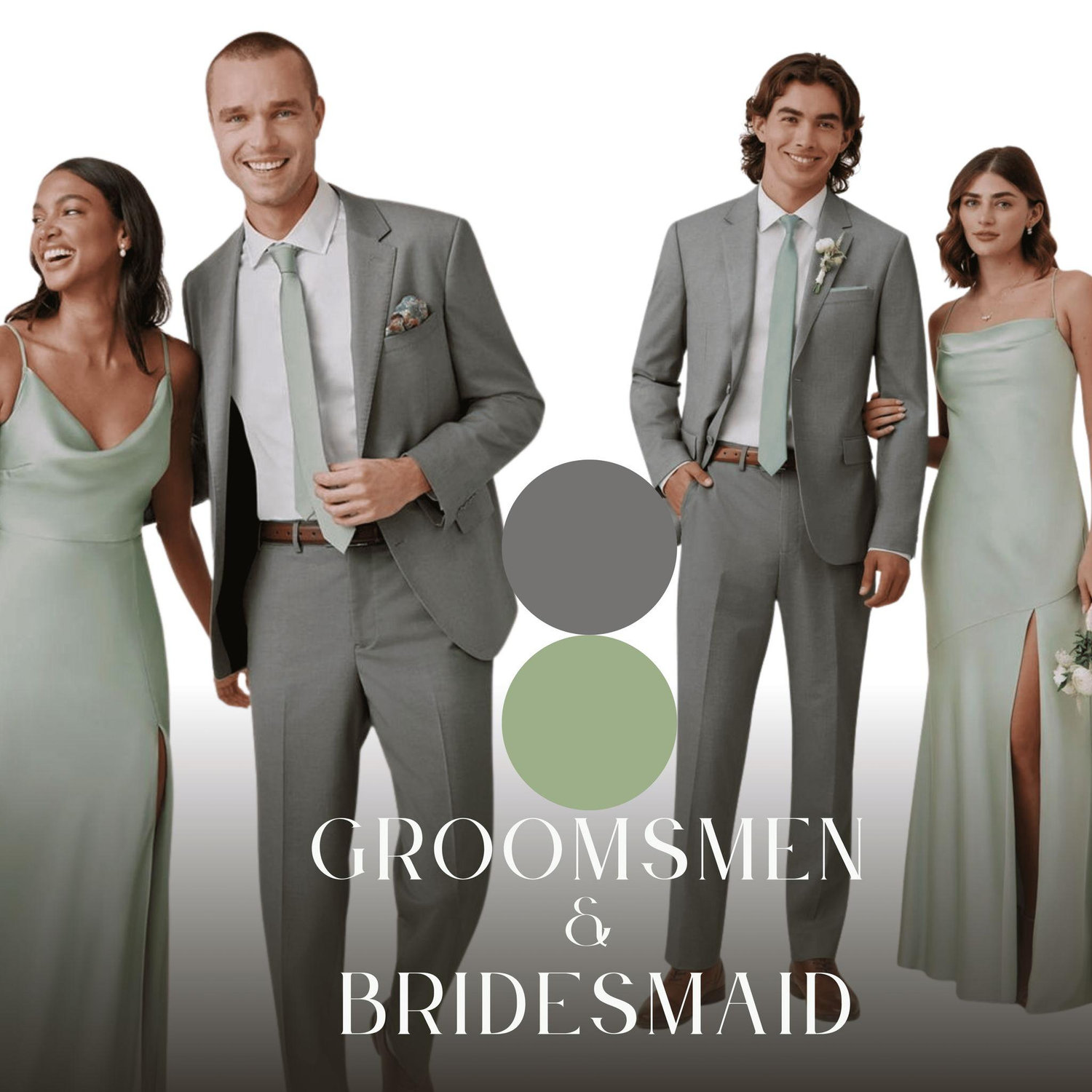 Groomsmen: Please wear a gray suit with a white long-sleeved polo. A necktie will be provided before the wedding. Bridesmaids: A sage green dress of your choice would be perfect.